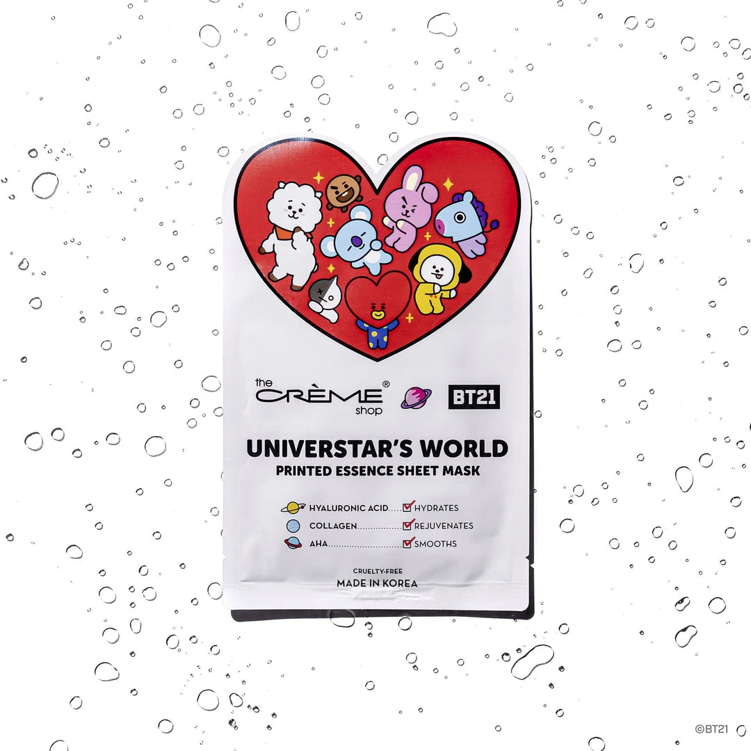The Crème Shop X BT21 New Arrivals UNIVERSTAR’S WORLD Printed Essence Sheet Mask - Infused With Hyaluronic Acid, Collagen, AHA 1 The Crème Shop X BT21 New Arrivals UNIVERSTAR’S WORLD Printed Essence Sheet Mask - Infused With Hyaluronic Acid, Collagen, AHA