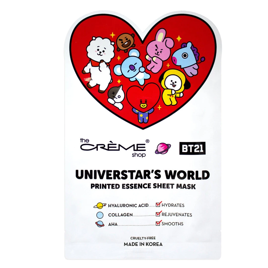 The Crème Shop X BT21 New Arrivals UNIVERSTAR’S WORLD Printed Essence Sheet Mask - Infused With Hyaluronic Acid, Collagen, AHA 3 The Crème Shop X BT21 New Arrivals UNIVERSTAR’S WORLD Printed Essence Sheet Mask - Infused With Hyaluronic Acid, Collagen, AHA