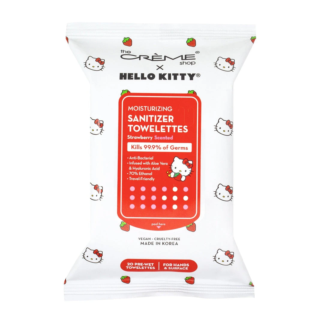 The Crème Shop X Sanrio Hello Kitty Strawberry Scented Moisturizing Sanitizer Towelettes | 20 Pre-Wet Wipes For Hands & Surfaces New Arrivals The Crème Shop X Sanrio Hello Kitty Strawberry Scented Moisturizing Sanitizer Towelettes | 20 Pre-Wet Wipes For Hands & Surfaces New Arrivals