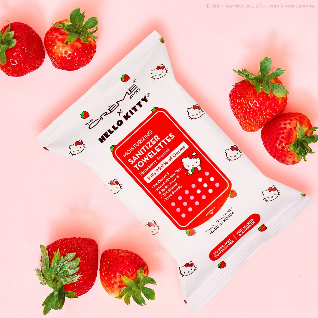 The Crème Shop X Sanrio Hello Kitty Strawberry Scented Moisturizing Sanitizer Towelettes | 20 Pre-Wet Wipes For Hands & Surfaces New Arrivals The Crème Shop X Sanrio Hello Kitty Strawberry Scented Moisturizing Sanitizer Towelettes | 20 Pre-Wet Wipes For Hands & Surfaces New Arrivals